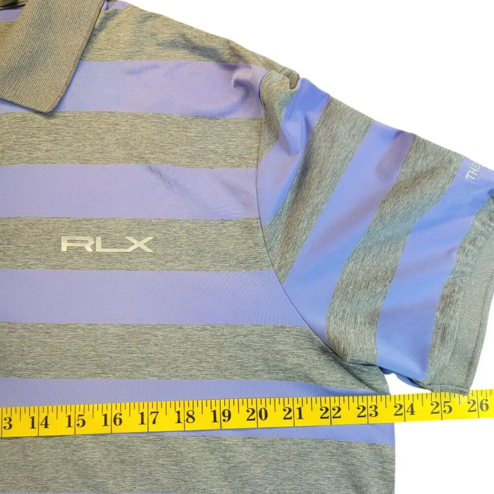 RLX Ralph Lauren Mens Polo XL Purple Gray Striped Golf Shirt‎ BROADMOOR Logo